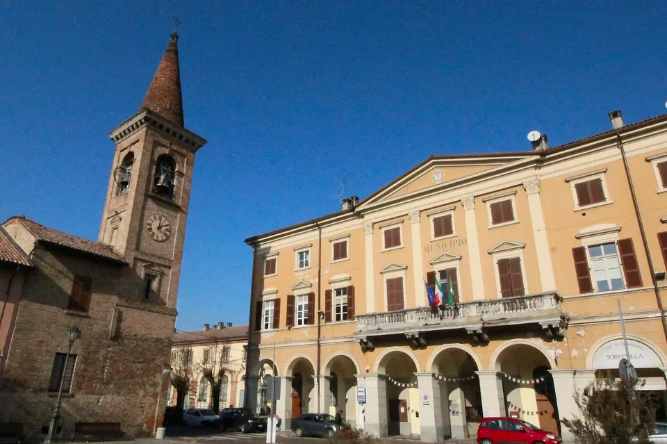 Church San Giovanni Battista and Town hall (Piazza Francesco Meardi) in Casei Gerola, Province of Pavia, Lombardy, Italy