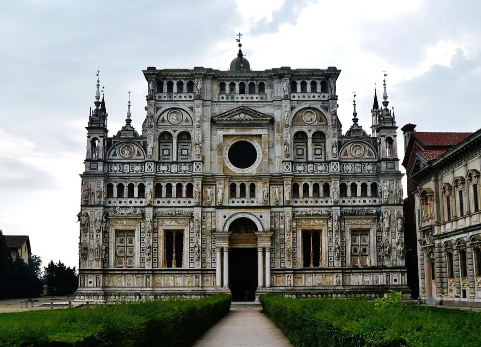 Facade of the Carthusian Monastery Church of Pavia, Certosa di Pavia, Province of Pavia, Region of Lombardy, Italy